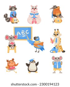 Animals Students at School Studying Having Lesson Vector Set