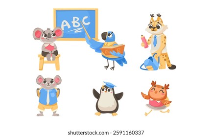 Animals Students at School Studying Having Lesson Vector Set