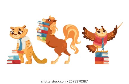 Animals Students at School Studying Having Lesson Vector Set