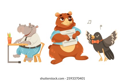 Animals Students at School Studying Having Lesson Vector Set