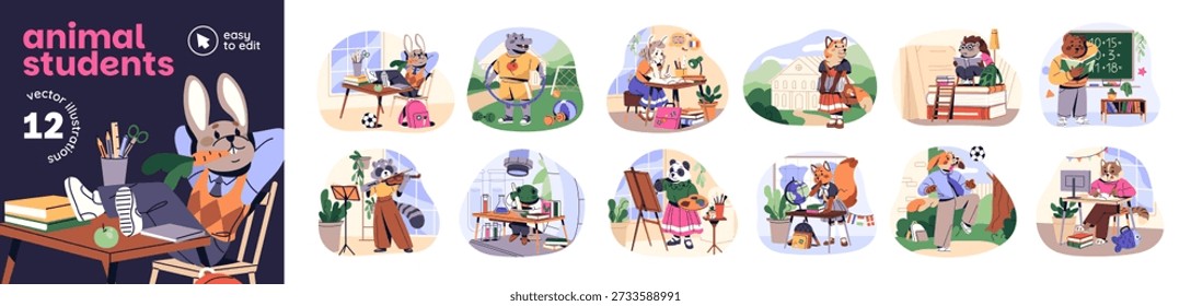 Animals students set. Anthropomorphic characters study at school. Funny children are learning, reading books. Kids do homework at the desk. Flat isolated vector illustrations on white background