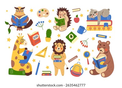 Animals study. Cartoon characters. Textbook for education. Jungle and forest mammals read books in school. Childish drawing. Pet kids learning in library. Student backpack. Vector tidy illustration