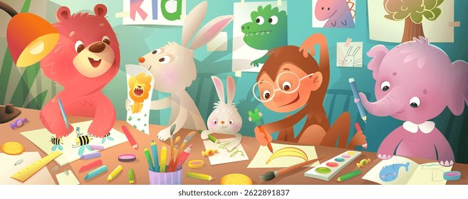Animals study drawing. Art class preschool and elementary children illustration. Bear, monkey, elephant and bunny making craft and art projects. Vector kindergarten animals cartoon illustration