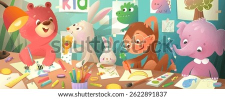Animals study drawing. Art class preschool and elementary children illustration. Bear, monkey, elephant and bunny making craft and art projects. Vector kindergarten animals cartoon illustration