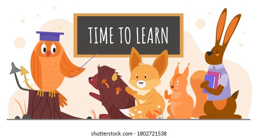 Animals Study At School Vector Illustration. Cartoon Flat Owl Teacher With Pointer Teaching Wild Forest Pupil Animal Characters, Hedgehog Fox Squirrel Hare Studying And Schooling Isolated On White