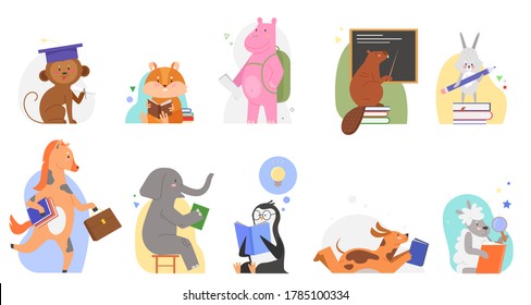 Animals study at school vector illustrations. Cartoon flat cute zoo animal kid characters reading books, learning alphabet abc by textbook, teaching or studying education concept set isolated on white