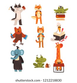 Animals studying and reading books set, cute animals kids cartoon characters, school education and knowledge concept vector Illustration on a white background