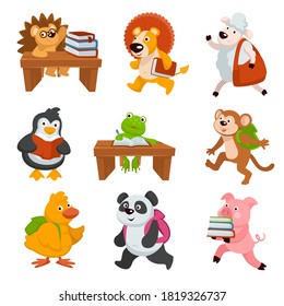 Animals studying at school, sitting at lessons reading books. Isolated characters, hedgehog and lion. Cheerful sheep and penguin, frog writing in textbook, monkey and chicken, panda and pig vector
