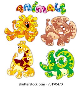 Animals stylized in cartoon. Bright, color silhouettes of animals. Emblem on a children's T-shirt. The sweet image of an animal. Isolated-Background Objects. Vector illustration.