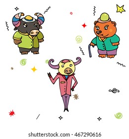 Animals in suits and hat. Cut bear with cane and in clothes
