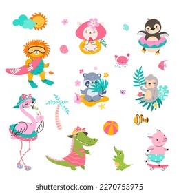 Animals summer activities, animal surfer and vacation on beach. Cute lion sloth and crocodiles resting, play ball and eating sweets, nowaday funny vector clipart