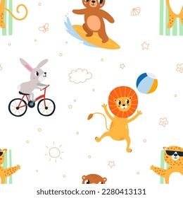 Animals summer activities seamless pattern. Animal playing and resting. Childish fabric print graphic art. Decorative baby classy vector background