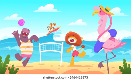 Escena de playa de verano de animales. Los personajes divertidos de los animales de la historieta se relajan en las vacaciones de viaje, el surf acuático o la natación del fondo tropical de la luz del sol de la costa del mar, la Ilustración vectorial elegante de los animales en la playa