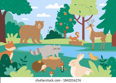 Animales en la ilustración del vector forestal de verano. Caricatura plana y graciosos personajes animalistas disfrutan de paisajes de árboles verdes y de un lago azul natural en verano juntos, un bonito bosque de naturaleza salvaje fondo