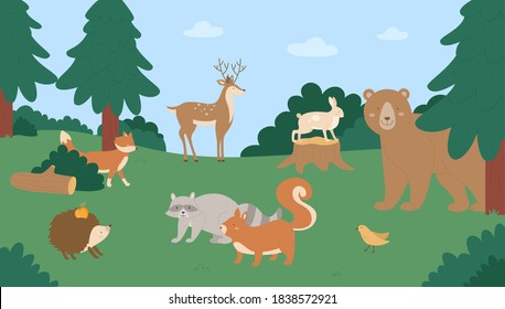 Animals in summer nature vector illustration. Cartoon flat happy wild animalistic characters standing on natural green meadow, wildlife scene with bear fox raccoon hare deer squirrel hedgehog bird