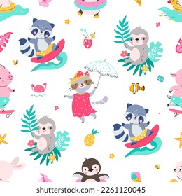 Animals summer seamless pattern. Children animal seasonal background. Decorative baby cloth print with cute raccoon surfer and sloth, nowaday vector template