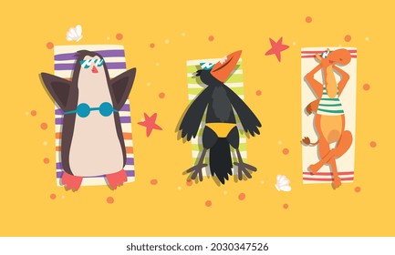 Animals Sunbathing on Beach Set, Top View of Penguin, Raven, Camel Relaxing on Seashore at Summer Holidays Vector Illustration