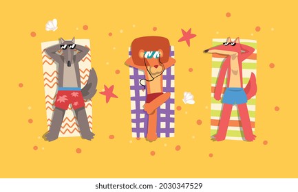 Animals Sunbathing on Beach Set, Top View of Wolf, Lion, Fox Relaxing on Seashore at Summer Holidays Vector Illustration