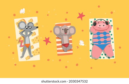 Animals Sunbathing on Beach Set, Top View of Mouse, Koala, Pig Relaxing on Seashore at Summer Holidays Vector Illustration