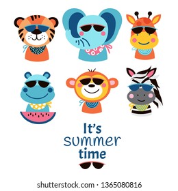 Animals in sunglasses. Summer set. Vector  illustration. 