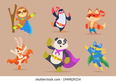 Superhéroe animal. Animales divertidos en ropas de héroe perros gatos fuertes músculos personajes zoo clipart vectores exactos ilustraciones planas aisladas