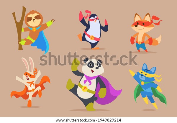 Animals superhero. Funny animals in hero clothes\
dogs cats strong muscles characters zoo clipart exact vector flat\
illustrations isolated