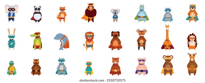 Conjunto de iconos de superhéroes de animales. Guardar Animales de dibujos animados con disfraces de superhéroes y capas, listos para el día