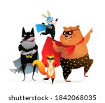 Animals Superheroes in costumes comic funny super power kids mascot performance group. Bear wolf bunny and squirrel wearing super hero costume. Vector character design.