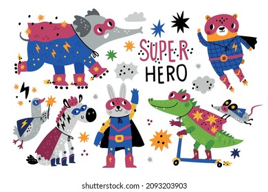 Animals superheroes. Funny comic characters in super outfits, masks and capes, cute heroes, elephant on rollerskates, crocodile on a scooter, hare and flying cat vector