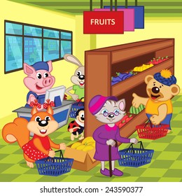 animals in supermarket - vector illustration, eps