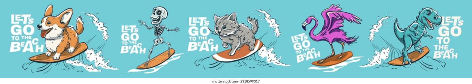 Tiere surfen im Sommer T-Shirt-Druck. Corgi Hund, Katze, Dinosaurier und Flamingo reiten Surfbrett Spaß große Welle. Skelett und Slogan. Beach Surfer lustige Kinderbekleidung. Modeerscheinungen für Kinder des tropischen Meeres