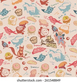 Animals and sweets funny cartoon style wallpaper for decoration 