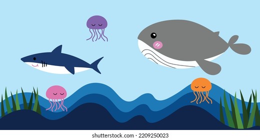 animals swimming in ocean. whale, dolphin, jellyfish, shark  vector  illustration