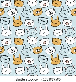 Animals symbols seamless pattern. Hare, rabbit, grizzly bear, cat, tiger, mouse, rat, pig, hamster, white bear animal icons wallpaper.