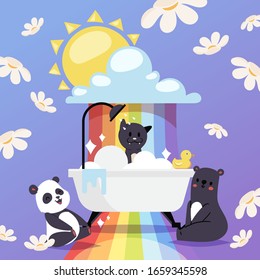 Animals taking bath vector illustration, cute cartoon characters panda, cat and bear in bathtub with bubbled water and duck. Design for baby hygiene products, baby shower greeting card and nursery.