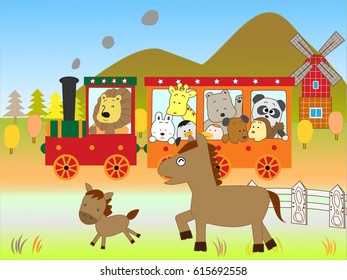 Animals taking a trip to the ranch by a train in autumn.