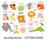 Animals talking. Farm and wild fauna characters talks sound, cartoon cute childish creatures communication, birds and mammals, speech bubbles with text. Babies educational cards vector set
