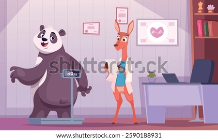 Animals talking. Medical concept background with doctors animals with patients exact vector cartoon illustration