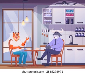 animals talking. tiger and bull with human body sitting at tables on kitchen interior ant talking