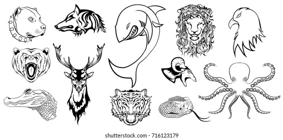 animals tattoos logos and signs big set eagle lion octopus shark wolf dog bear lamb tiger dear snake cayman