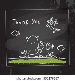 Animals thank you card vector illustration. Chalk on blackboard, sketch, scribble style doodle, with animals.