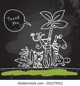 Animals thank you card vector illustration. Chalk on blackboard, sketch, scribble style doodle, with animals.