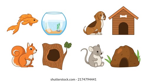 Animals with their houses set. Fish, dog, squirrel and mouse near their habitats. Wooden house, hollow, burrow and aquarium with water. Cartoon flat vector illustrations isolated on white background