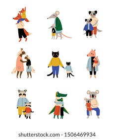 Animals and Their Kids Set, Loving Parents with Adorable Children Humanized Characters Vector Illustration