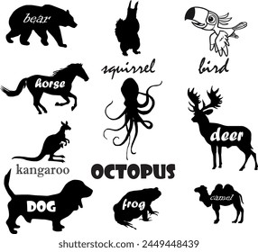animals and their names, t-shirt printing, painting, design, vectorel design, bear, bird, dear, octopus, horse, eps, vector