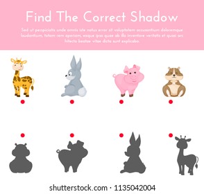 Animals and their shapes shadow matching game vector illustration. Kindergarten worksheets. Shadow matching game, activity page for kids. Education learning children puzzle.