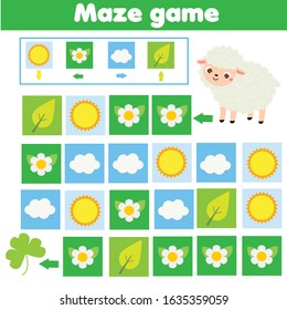 Animals theme activity. Maze game. Labyrinth with navigation. Help sheep find grass. learning left, right, up and down