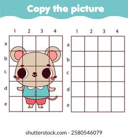 Animals theme Grid copy worksheet. educational children game. Cute mouse drawing activity for kids and toddlers
