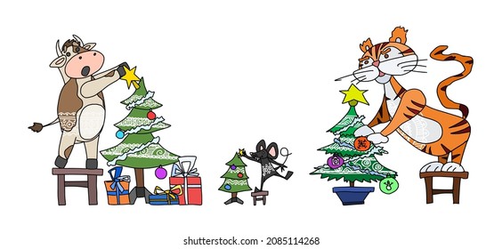 Animals tiger bull and mouse decorate the christmas tree. doodle sketch vector image