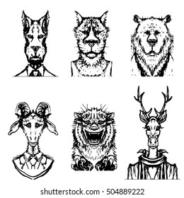 animals, tiger, deer, goat, wolf, bear, head vector avatar